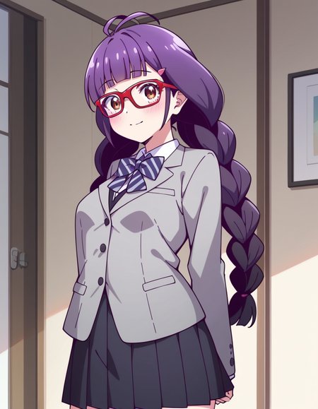 score_9, score_8_up, score_7_up, source_anime, uncensored, <lora:StS_detail_slider_v1:3>, zPDXLxxx, <lora:Aoi_Izumizawa_PONYXL_VexVexX:1>, AoiIzumizawa, brown eyes, purple hair, long hair, braid, twin braids, bangs, blunt bangs, antenna hair, glasses, red-framed eyewear, hairclip, hair ornament, medium-small breasts, school uniform, skirt, pleated skirt, black skirt, shirt, black shirt, collared shirt, black vest, jacket, grey jacket, blazer, striped bowtie, cowboy shot, bedroom, from front, standing, hands behind back, looking at view, thighs,