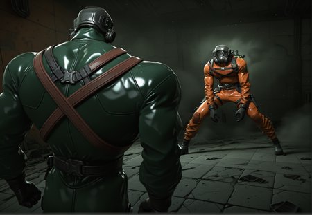 3d, 2boys, dust, steam,  absolutely eye-catching, bokhe, dark, ruins, broken floor,  indoors, laboratory background, massive smoke, particles, embers, wall, blurry background, dynamic angle,rtx, ray tracing, sexy,pinup:1.2,depth of field, cinematic, (masterpiece, best quality), safe, amazing quality, very aesthetic, absurdres, highres, newest, employeelethal, orange bodysuit, RAW, <lora:NOOB_vp1_detailer_by_volnovik_v1:0.4>,  <lora:Employee:0.8>,