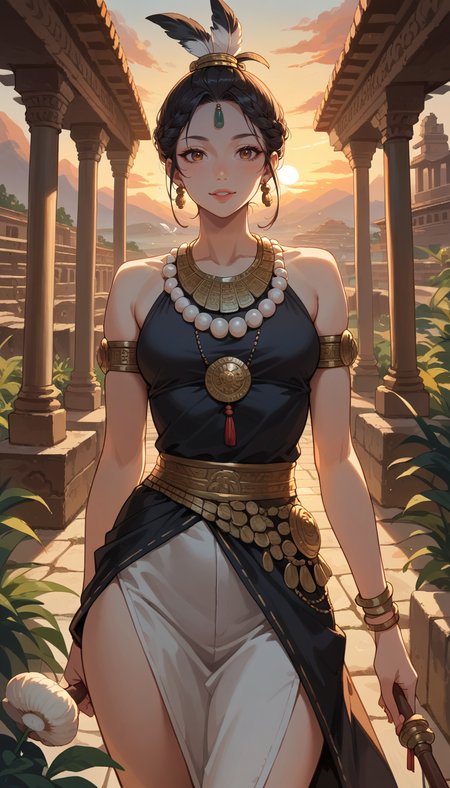 score_9, score_8_up, score_7_up, Anime Style, Cowboy Shot, girl, cute, seductive, innocent, light smile:0.3, plump lips, slender body, wearing stone age clothing made from natural fabrics like linen, cotton, furs, adorned with feathers, beads and shells, sunset, ancient greek background, depth of field, dynamic angle, fashion photography, sharp, hyperdetailed:1.15