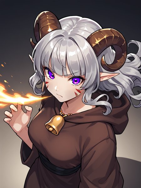 source_furry, score_7_up, rating_safe, cowboy shot, gold necklace, tiefing, short pointed ears, brown horns, (a pair of brown sheep Horns that begin at her temples and curve back: 1.5), bangs, long silver hair long wavy hair, pale skin, short pointy ears, purple eyes, <lora:age_slider_v4:0.6>   medium breasts, skinny female, close up, silver hair, <lora:Tieflingnew weird fantasyDND:0.3> Tiefling, pointed ears, horns, <lora:Smooth Style 2 SDXL_LoRA_Pony Diffusion V6 XL:0.5> bell, robe, hood off,  <lora:whisker_markings:0.8>red whisker_markings