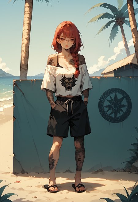 score_9, score_8_up, score_7_up, score_6_up, score_5_up, score_4_up, (masterpiece, best quality, high quality, highres, ultra-detailed), source_anime, 1girl, solo, standing, full body, red hair, low-braided long hair, oversized shirt, band shirt, off shoulder, bra strap, oval glasses, small eyewear, semi-rimless eyewear, peeking over eyewear, half-closed eyes, board shorts, hands in pockets, flip-flops, beach, <lora:Sinozick_Style_XL_Pony:0.1> sinozick style, flat color, <lora:jym-r4t:0.1> <lora:t4tsXLP:0.8> tattoos, tattoo,