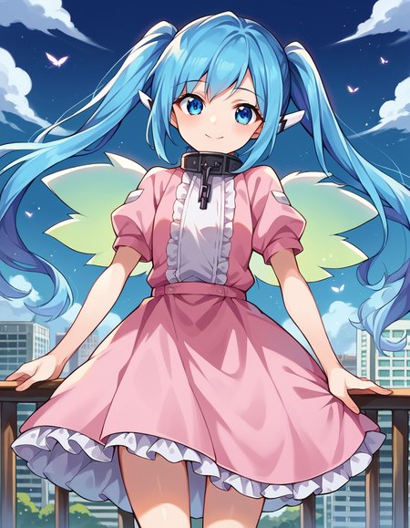 score_9, score_8_up, score_7_up, source_anime,
otoshimononymph, <lora:otoshimono-nymph-ponyxl-lora-nochekaiser:1>,
nymph, blue eyes, blue hair, long hair, long twintails, robot ears, twintails, two side up, wings,
dress, pink dress, frilled dress, short sleeves,
outdoors, cityscape, smile,
looking at viewer, cowboy shot, dutch angle, solo,