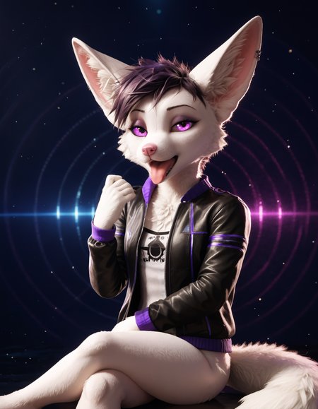 score_9, score_8_up, score_7_up, BREAK rating_safe,  detailed, cinematic lighting, hdr, particles, masterpiece, best quality, ultra realistic, 4k, 2k, film photography, RAW photo, photorealistic, analog style, subsurface scattering, photorealism, fluffy fur, detailed fur, <lora:add-detail-xl:3.0>, <lora:2.5DRealisticV2.safetensors:0.25>, <lora:sinfully_stylish_SDXL.safetensors:1.0>,  <lora:AdvancedEnhancerXLv2.safetensors:1.0>, dutch angle, (detailed background:1.1), <lora:Adra_Tiddles.safetensors:0.9> adra_tiddles, anthro, 1girl, clothing, solo, furry female, furry, mammal, body fur, topwear, fur, animal ears, open mouth, tongue, hi res, hair, clothed, tail, piercing, short hair, fox, ear piercing, animal nose, black jacket, looking at viewer, half-closed eyes, open jacket, upper body kneeling crossed legs looking down at partner, three-quarter view, three-quarter portrait, looking away, hands up, (3d \(artwork\):1.25), film photography, sharp focus, ray tracing, (unreal engine:1.25)