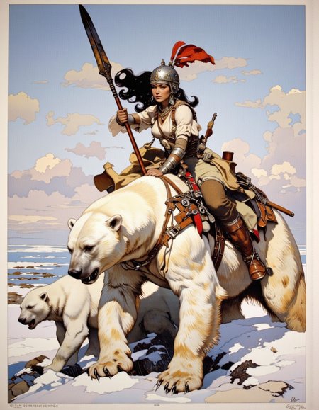 Art by Frank Frazetta. 
A painting of a woman warrior riding a polar bear.