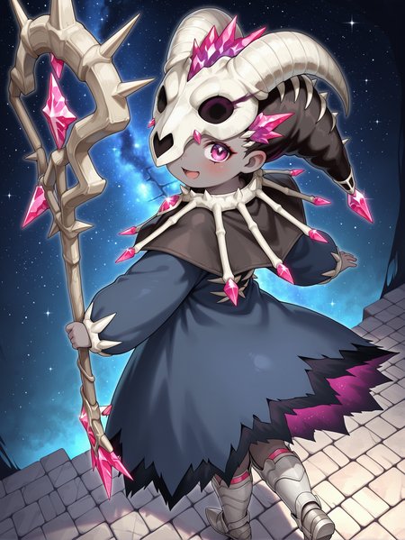 mementotlan mace,1girl,solo,grey skin,open mouth,full body,staff,from behind,from above,smile,holding staff,looking back,white knee boots,blue dress,animal skull mask,black capelet,one eye covered,starry sky,brick floor, 
masterpiece,best quality,amazing quality,very aesthetic,absurdres,newest,<lora:Mementotlan Angwitch & Mace illusXL v1.1:0.75>,