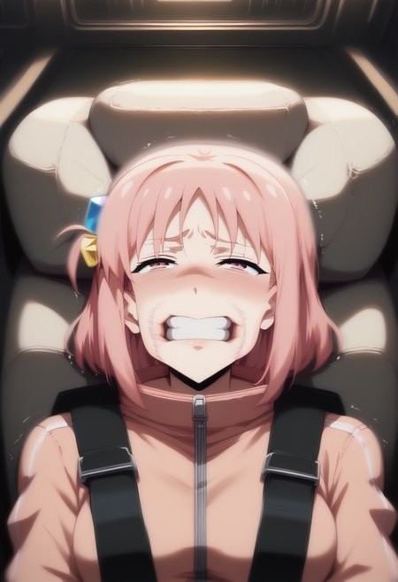 score_9,score_8_up,score_7_up,  BREAK 
1girl, (gotoh hitori:1.2), bocchi the rock!, pink hair, thumbs up,pink jacket, looking at viewer, straight-on, upper body, (gf0rc3xl:1.4), (reclining:1.2), cockpit, seatbelt harness, dark room, pilot chair, solo, on back, (laboratory outside cockpit window:1.4), (half-closed eyes:1.2), trembling, clenched teeth, head back, (cheek bulge:0.9), (cushion:1.1), (stretched lips, stretched cheeks:0.8), (speed lines, motion blur:1.8), <lora:2024-06-02_17-06-55-save-920-10-0:1.1>  <lora:Anime_Screencap:1> <lora:scenery_PonyXL_v01:1>