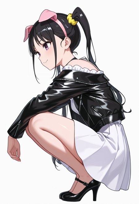 Smooth Quality,masterpiece,very intricate, high quality details, ultra realistic, high detailed skin,detailed enviorement,absurdres,
 <lora:Hiiragi_Yume_Yumechi_CNR:1> hiiragi_cnr, black hair, long hair, twintails, purple eyes,fake animal ears, pig ears,, simple background, white background, from side,solo,
squatting position, heels down, elbows resting on knees, hands dangling  ,, :>,, off-shoulder blouse,  ,leather jacket,  ,tulip skirt,  ,
