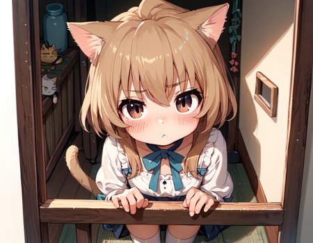 score_9_up, score_9, score_8_up, score_7_up, rating_explicit, Aisaka_Taiga, 1girl, solo, flat chest, brown_eyes, blush, bow, catgirl, cat ears, cute, peeking, white legwear, playful, cat tail