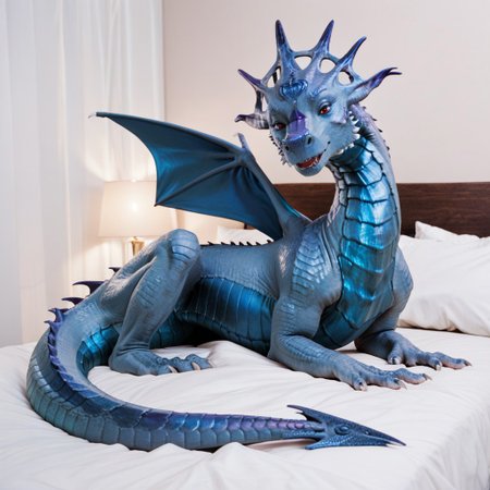 score_9, score_8_up, score_7_up, score_6_up, score_5_up, score_4_up, masterpiece, high quality, realistic, detailed, best quality, white bed, solo, rating_safe, source_furry, bedroom, smiling, seductive, looking at viewer, on bed, full body, close up, queen_narissa, dragon, blue scales, wings, tail, tail end, claws, female, 1girl, red eyes, feral