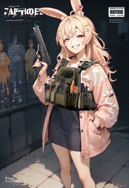 (score_9, score_8_up, score_7_up, score_6_up, score_5_up, score_4_up), fantastic composition, solo, (pipkinpippa, 1girl, pipkinpippa the mad gunslinging rabbit, comic cover, female, pipkin pippa, feet), text "Guns&Ammo" magazine cover, (pink platecarrier, carrots in pockets:1.3), (cute, petite), (handgun, holding gun, holding weapon, dual wielding, finger on trigger), smile, (smug, naughty grin), crazy eyes, backlit, (dynamic view angle, side view, from above, face focus, warzone background)