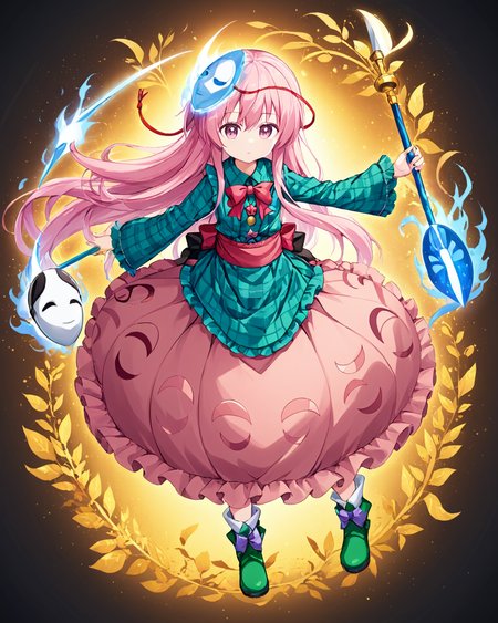 hata no kokoro,1girl, solo, naginata, aura, looking_at_viewer, footwear_bow, long_sleeves, bubble_skirt, mask_on_head, full_body, waist_apron, expressionless, closed_mouth, green_footwear, circle, star_\(symbol\), plaid_shirt, green_shirt, holding_polearm, shoes, tassel, leaf, frills, white_apron, boots, pink_skirt, sash, sidelocks, dress, white_pupils, adapted_costume
<lora:hata_no_kokoro_image5070_2023-12-20:1>,star-shaped_pupils,symbol-shaped_pupils,. gorgeous,key visual, vibrant, studio anime,award-winning, professional, highly detailed,high budget, cinemascope
