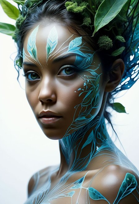 bioluminescent, mysterious face of an exotic  woman in plant clothing, fading white background, alluring goddess, by Minjae Lee, Carne Griffiths, Emily Kell, Steve McCurry, Geoffroy Thoorens, Aaron Horkey, Jordan Grimmer, Greg Rutkowski, amazing depth, double exposure, surreal, geometric patterns, intricately detailed, bokeh,  perfect balanced, deep fine borders, artistic photorealism , smooth,  great masterwork by Suiras  <lora:add-detail-xl:2>  <lora:Double_Exposure:0.5>