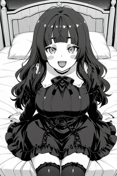 anime screencap, anime coloring, detailed face, masterpiece, best quality, very aesthetic, absurdres, volumetric lighting, official style, amazing quality, ultra detailed, highres, amazing quality, scenery, beautiful detailed hair, beautiful detailed eyes,
<lora:StS-Illustrious-Detail-Slider-v1.0:4>
on a fancy bed,
<lora:Emi_Erokuro_MetalchromeXs_official_mascot_character_-_V2:.8>
 <lora:Tamarun_artist_style:0.8>
Emi Erokuro (character),the girl is 22 years old, 1girl, solo,  black hair, black eyebrows, black blush stickers, large breasts, long hair, wavy hair, hair down, bangs, hime cut, gothic clothing, gothic dress, black stockings, eyeshadow, black lipstick, black fingernails, :D, looking at the viewer,
greyscale, manga illustration