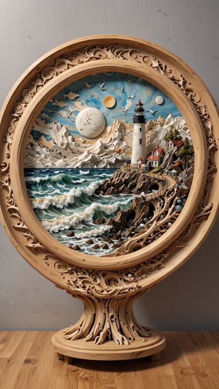 round plate on a display stand, hand Carved, 3D Seascape, abstract art, Carving, EPIC, Marbled Effect, <lora:3D_Framed_Wall_Art_-_By_DICE:0.4>, (3D Framed, Lighthouse), UHD, <lora:Driftwood_Detailed_Art_-_By_DICE:0.8> , driftwood Lighthouse, 3D