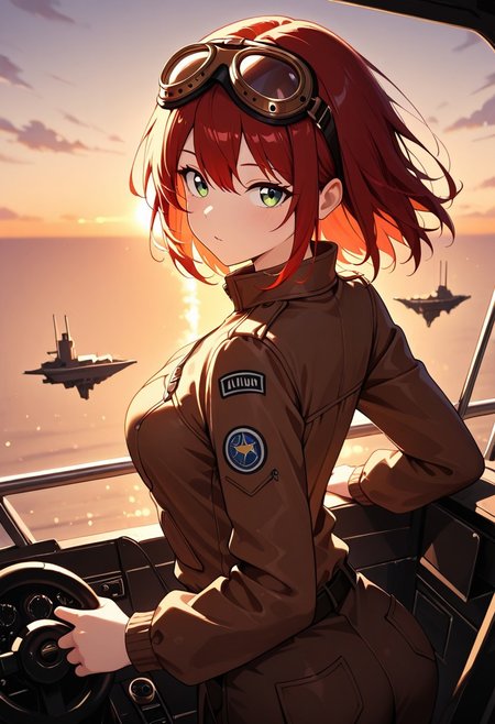masterpiece, best quality, good quality, very aesthetic, absurdres, newest, 8K, depth of field,  in the style of cknc, artist:moriimee, in the style of cksc, 
1girl, short red hair, wild, green eyes, medium breasts, firm, aviator jacket, goggles on head, glossy skin, steering airship, looking at viewer, from side
BREAK
floating islands, clouds swirling, sunset sky
BREAK
dynamic light, warm colors, high contrast, golden hour lighting, rich details, adventurous vibe