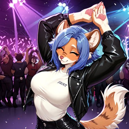 masterpiece, best quality, newest, absurdres, highres, furry, perfect anatomy, M1tz1,1girl,solo,furry,furry female,animal ears,short hair,blue hair,blue eyes,snout,animal nose,body fur,two-tone fur,brown fur,white fur,tail, white shirt, leather jacket, black jacket, black pants, skinny pants, rave, club, nightclub, dancing, solo focus, hands over head, hands in air, eyes closed, crowded background, happy, smiling