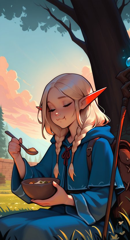 masterpiece, best quality, good quality, very aesthetic, absurdres, newest,1girl, :3, backpack, bag, blonde hair, blue capelet, blue robe, blue sky, bowl, braid, brick wall, capelet, closed eyes, closed mouth, cloud, cloudy sky, eating, elf, gradient sky, grass, hands up, holding, holding bowl, holding spoon, long hair, long sleeves, mage staff, orange sky, outdoors, pointy ears, pursed lips, red ribbon, ribbon, robe, sitting, sky, solo, spoon, tree, twin braids, <lora:ponyv5_noobE11_1_adamW-000013:0.7> <lora:NoctFlatStyleILV0.6:0.8> <lora:PRSNL:0.3>