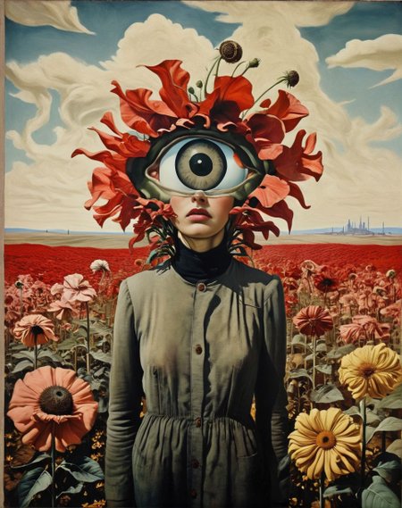 A field of giant flowers with human eyes staring blankly at the horizon. -- <lora:Surrealismq:1> Surrealismq  <lora:Ingrid Bergman SDXL:1> Woman looking worried
