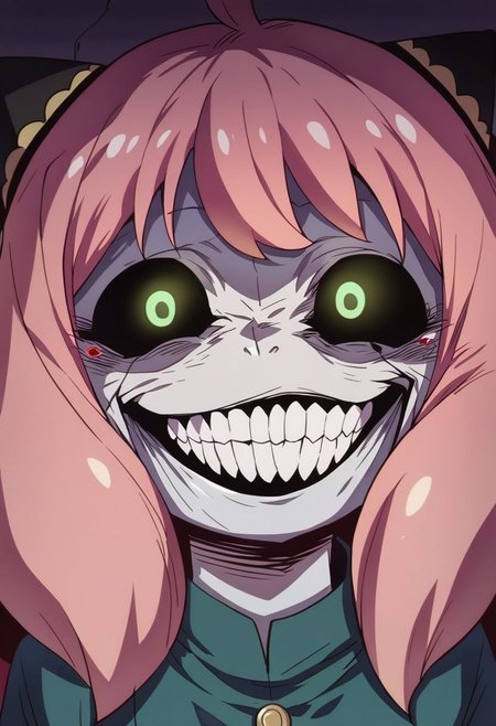 score_9, score_8_up,score_7_up,score_6_up, (Anya,bangs, green eyes, pink hair, female child, anya (spy x family),hairpods, child, dress), solgo, sharp teeth, evil grin, black sclera, glowing eyes,, source_anime, 1girl, 
solgo, sharp teeth, evil grin, black sclera, glowing eyes,
 <lora:Solgo-grin-v1-potat:0.8>