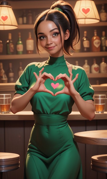 score_9, score_8_up, score_7_up, score_6_up, score_5_up, score_4_up,  slim girl in a pub  ,  fiheartcl,  making heart with hands, green short dress  , a dark ponytail    <lora:FingerHeartPony:.8>