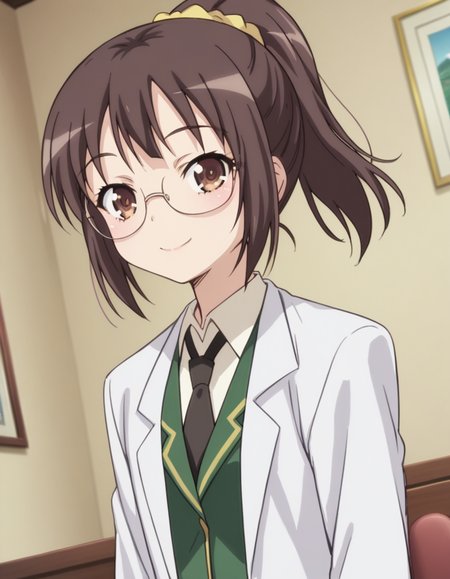 score_9, score_8_up, score_7_up, source_anime, <lora:rika-shiguma-s2-ponyxl-lora-nochekaiser:1>, rika shiguma, brown hair, brown eyes, ponytail, glasses, scrunchie, yellow scrunchie,, school uniform, necktie, labcoat,, indoors, smile, looking at viewer, solo,, cowboy shot, dutch angle