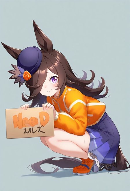 (umamusume,rice_shower_(umamusume),) 1girl,  long_hair, long_sleeves,, solo,  (need_buzz, buzz, need_buzz, holding sign, holding sign ), 
, blood orange style,from side, 
orange flower, orange jacket, orange rose, 
(animal_ears, blue_skirt, brown_hair, flower, hair_over_one_eye, hat, horse_ears, horse_girl, horse_tail, jacket, long_hair, looking_at_viewer, purple_eyes, purple_hat, rose,  skindentation, skirt, smile, solo, standing, tail,  
linea_alba,squatting, looking at viewer,  tilted_headwear, shaded face, fake smile, nervous sweat, wavy mouth, , very awa,  :0.8)