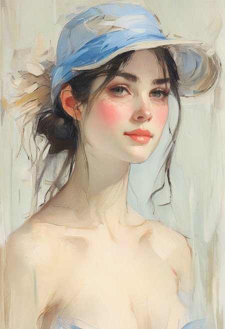 masterpiece, impressionism, style of Berthe Morisot, portrait, head and shoulders portrait, scene of a woman putting on a baseball cap. The woman has dark hair and a pony tail. She has a broad face with strong cheekbones and faint freckles. She is wearing a pale yellow tee shirt, and the hat is sky blue in the front. The back of the hat is white mesh. She is placing the had on her head with one hand on the bill of the hat and one hand on the back, behind her head, just underneath her pony tail. Her head is tilted slightly down, with the bill of the hat casting a slight shadow over her face. Her facial features are unique, but she is not beautiful. Her nose has a slight bump on its bridge, as if it had been broken. She is grinning playfully, and looking down and to the right of the viewer. The background is painted with variant tones of deep orange and light brown, providing a subtle contrast to the woman's shirt and her medium complexion. The portrait is playful and intimate. High definition, bold brushstrokes, free-flowing brushstrokes, high quality, 8k, unsigned.