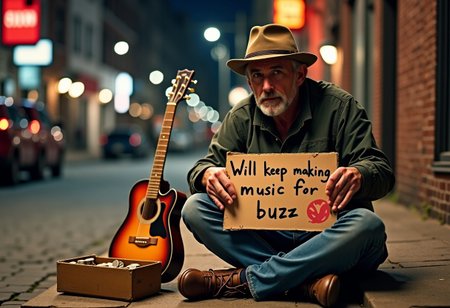 A street musician sitting on a corner, looking tired but hopeful, with an old guitar beside him and a small open box with a few coins inside. He is holding a cardboard sign that says: 'Will keep making music for buzz 🎶'. The background is a dimly lit street, with nostalgic and vintage tones. The musician's expression is one of resilience, wearing a worn-out hat. The atmosphere captures the essence of blues, country, and gospel music. Highly detailed, emotional, and powerful image