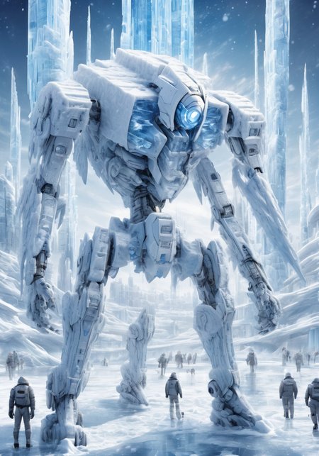 ultra-high precision detail,8k,<lora:ç§å¹»-éªåé»çº¢sdxl:0.6>,ice,snow,the surface of this distant planet is covered with white ice,for tens of thousands of years as the temperature drops,(GUNDAM:1.1),huge artificial urban structure stuck in ice,equipment and machinery in the city have long ceased to function,only the ice-locked form stands on the ice sheet,like a predatory monster,it shows the outline of its bones,(Masterpiece, high quality, best quality, official art, beauty and aesthetics:1.2),robot joints,Explore this Midjourney style in,
