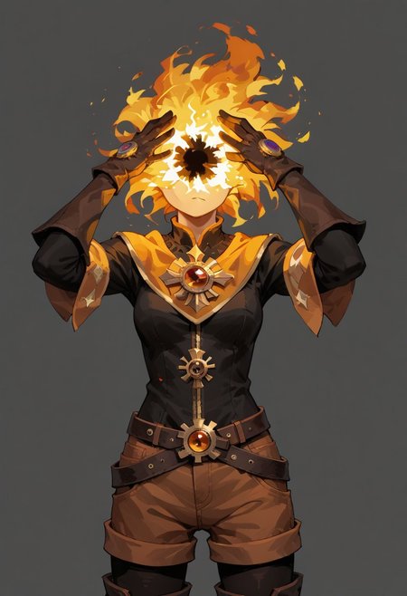score_9, score_8_up, score_7_up, solo,
lord_of_frenzy, fire head,
headache, mad, lean back,
novakin, faceless, no eyes, no mouth, no nose, no facial features, short fiery yellow orange hair, body made of black plasma,
open hands, hands on face front,
hands on own head, 
upside-down, backflip,
magical girl outfit, (steampunk dress:1.1), boots, (brown shorts:1.1), black tights, medium breasts, belt, gloves, 
simple background, grey background,