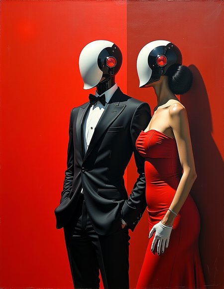 red white and black , oil painting, sharp focus, retrofuturism, by herald brom