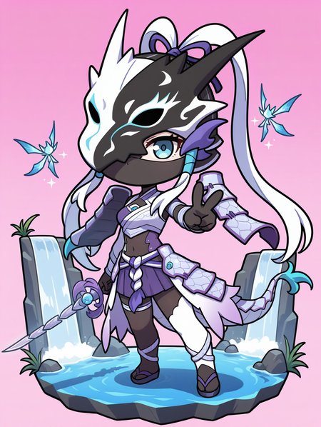 dragon girl,swordsoul of mo ye,solo,holding sword,sword,chibi,1girl,dragon headwear,simple background,standing,covered face,zentai,asymmetrical detached sleeves,asymmetrical legwear,white armored skirt,purple skirt,black bodysuit,asymmetrical floating shoulder armor,cyan hair tubes,white crop top,cyan fairy,cyan sandals, v, waterfall
masterpiece,best quality,amazing quality,very aesthetic,absurdres,newest,<lora:Swordsoul of Mo Ye illuXL v1.2:0.75>,