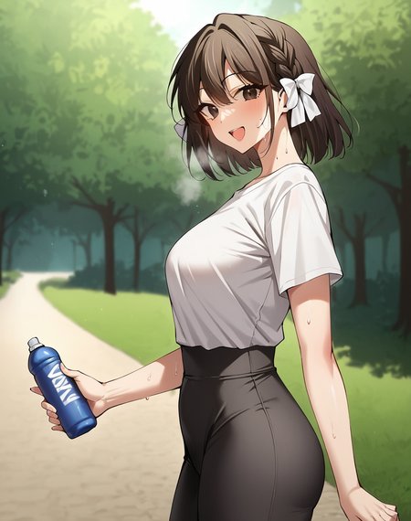 flame_blink, black eyes, black hair, short hair, manhwa,braid, hair bow,  white shirt, black yoga pants, short sleeves, sweat, sweating BREAK  outdoors, park, forest, medieval BREAK looking at viewer, sexy face, sexy smile, open mouth, cowboy shot, from side, hold water bottle, BREAK score_9, score_8_up, score_7_up, source_anime ,zPDXL, perfect hand,  <lora:Flame:0.8>
