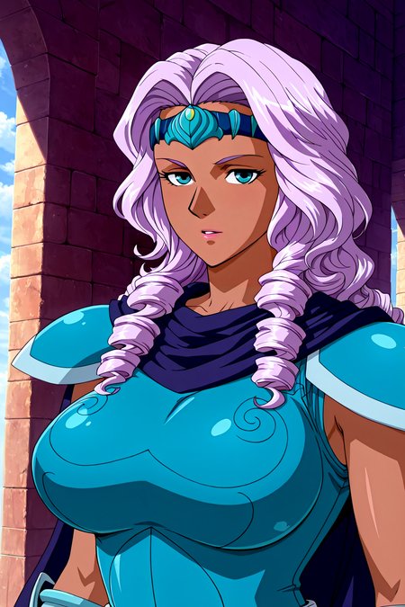 front view,
1girl,mature female,milf,huge breasts,upper body,looking at viewer,
Best quality,masterpiece,soft light,official art,high quality,highres,absurdres,epic scene,natural textures,athena,dark skin,dark-skinned female,circlet,long hair,light purple hair,drill hair,blue eyes,armor,high heel boots,armored boots,armored dress,<lora:Athena IL-000010:1>,