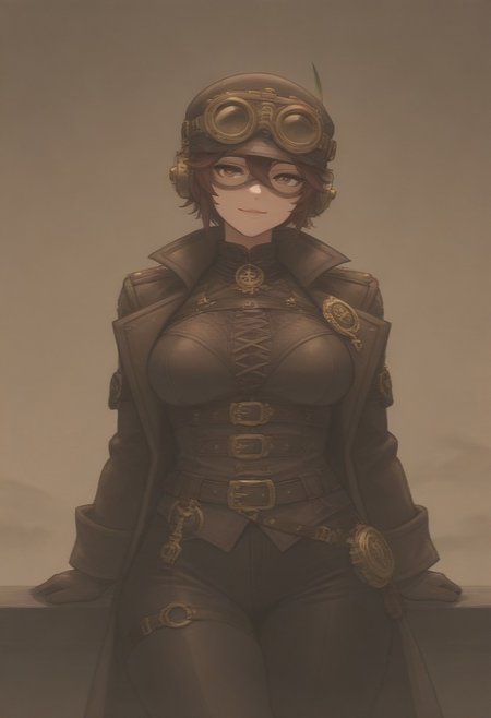 masterpiece, best quality, medium breasts, (curvy),  ,,, steampunk pirate captain, brass goggles, weathered leather coat, mechanical parrot, airship in the background, intricate steampunk accessories, rugged and confident poseBREAK, 1girl, solo,  smile, looking at viewer, cowboy shot,   <lora:AfrobullIXL_v1:1.0>,