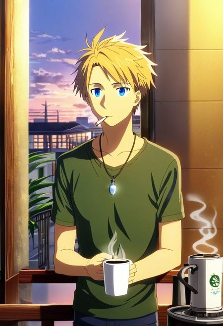 high resolution, professional photography, solo, best quality, 1Boy, Yamato Ishida, Blond Hair, Deep Blue Eyes, Necklace, home balcony, morning, soft sunlight, cigarette, coffee, t-shirt, shorts, potrait, looking away, OverallDetail