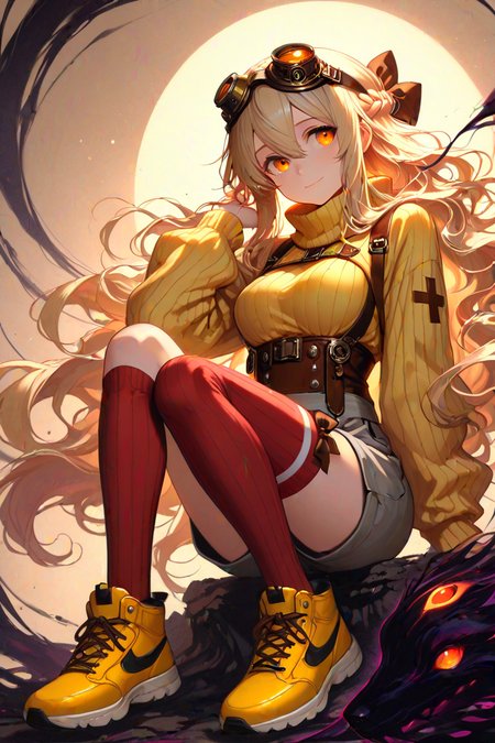 masterpiece, best quality, amazing quality, aesthetic, volumetric lighting, ambient light, saturated colors, dark shadows, 1girl, hair flip, suspender shorts, goggles, thigh bow, blonde hair, shrug (clothing), looking at viewer, turtleneck sweater, short shorts, ribbed sleeves, red thighhighs, yellow sweater, medium breasts, goggles on head, wavy hair, brown bow, ribbed thighhighs, sweater, braid, suspenders, sitting, light brown background, very long hair, long hair, turtleneck, sidelocks, closed mouth, sneakers, long sleeves, knees up, grey shorts, full body, floating hair, striped clothes, underbust, shoes, sideways glance, arm support, yellow footwear, cross-laced footwear, striped sweater, hand up, socks, solo, shorts, single sock, single horizontal stripe, thighhighs, smile, light smile, hair between eyes, single stripe, french braid, orange eyes, kneehighs, hair bow, breasts, bow, single kneehigh, zstyle, very awa, absurdres