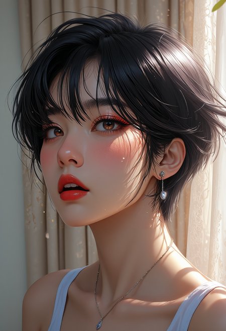 masterpiece, best quality, amazing quality, very aesthetic, absurdres, newest, scenery, anime coloring, flat color,
1girl, solo, asian, korean, pixie cut, black hair, bangs, hair between eyes, thick eyebrows, brown eyes, detailed eyes, eyeshadow under eye, red lips, parted lips, upper teeth only, hair behind ear, diamond earrings, loose hair strand, blush, nose blush, 
white tank top, spaghetti strap, collarbone, small necklace, 
model, modeling, from side, looking at viewer, realistic lighting, realistic shading, rim lighting, (dappled sunlight), white wall, curtains, sunlight through curtains, sun rays