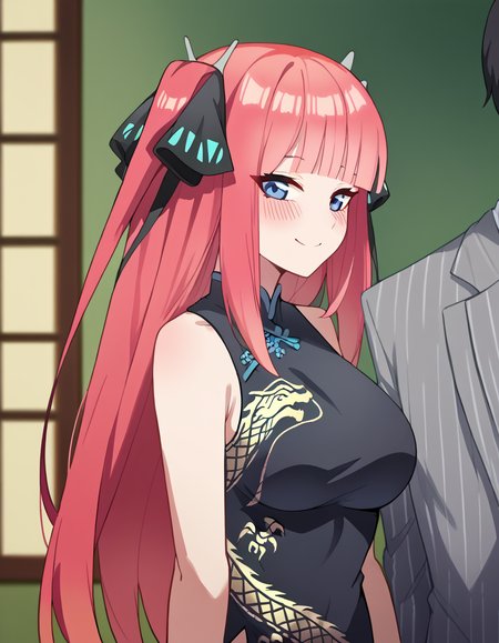 score_9, score_8_up, score_7_up, source_anime, <lora:nnakano-s2-ponyxl-lora-nochekaiser:1>, long hair, bangs, blue eyes, hair ornament, hair ribbon, pink hair, blunt bangs, two side up, butterfly hair ornament, large breasts,, <lora:blue-archive-kisaki-cosplay-ponyxl-lora-nochekaiser:1>, blue archive kisaki cosplay, kisaki (blue archive) (cosplay), dragon print, china dress, print dress, chinese clothes, pinstripe jacket, sleeveless turtleneck dress, cosplay, vertical-striped jacket, pinstripe pattern, pelvic curtain, striped coat, grey coat, black dress, sleeveless dress,, indoors, from side, blush, smile,, cowboy shot, looking at viewer
