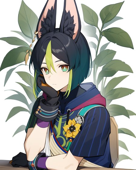 masterpiece,best quality,<lora:tighnariv2:1>,tighnari \(genshin impact\), 1boy, male focus, solo, yellow flower, black gloves, upper body, closed mouth, looking at viewer, blue flower, cropped torso, simple background, asymmetrical sleeves, white background, short sleeves, hoodie, leaf, plant, head rest, blunt ends, hood down