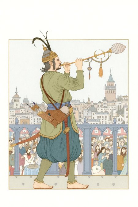 olgadugina1 illustration. 
A man, shown in side profile, is wearing traditional attire with a headdress and carrying a quiver of arrows. He is blowing a long trumpet with a conch shell at the tip. The trumpet has intricate designs and tassels.  The background is a busy Ottoman cityscape. <lora:olgadugina2_cap_d6a3e9:1.0><lora:858108172219456504:0>
