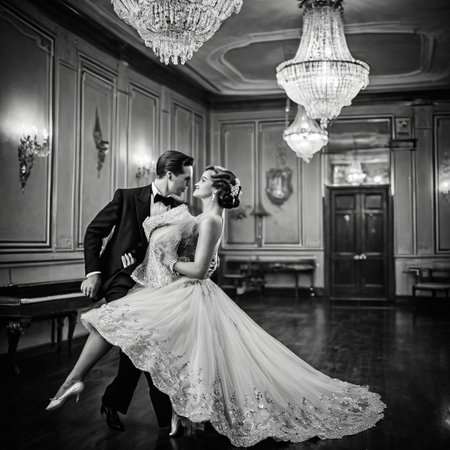 1male, 1female, Graceful couple in stunning vintage outfits, dancing elegantly with poise in a vintage-era setting, retro black and white theme, capturing timeless elegance, focus on the couple as they move gracefully together, with a collection of cherished couple photos displayed in the background, viewed from a bird's-eye perspective, adding depth and a unique angle, enhancing the nostalgic and romantic ambiance.