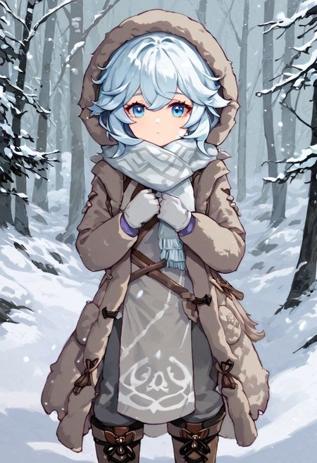 Score_9, score_8_up, score_7_up, Genshin Impact Style, source_anime, snow, ice forest, 1girl, solo, 
White hair, tattered fur hood over hair, grey fur hood, tattered fur snow coat, baggy fur coat,  pale blue eyes, standing, facing viewer, staring at viewer, tattered brown cloth around chest, white cloth around chest, white ragged cloth, white ragged scarf, white snow gloves, grey fur boots, dark grey pants, snow boots, black snow boots