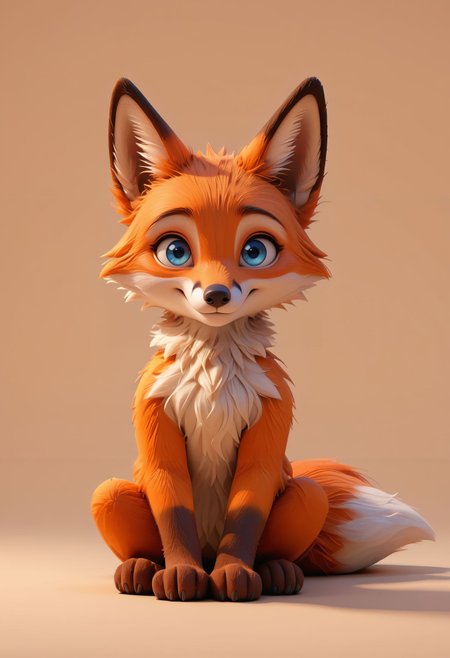 score_9,score_8_up,score_7_up,  <lora:3d_render_pdxl_goofy:1>3d render, no humans, looking at viewer, sitting, orange fur, closed mouth, blue eyes, simple background, full body, fox tail, smile, animal focus, brown background