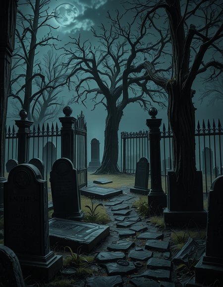 A dark and eerie cemetery shrouded in mist, with ancient, weathered tombstones covered in moss. The scene is dimly lit by a pale, ghostly moonlight filtering through twisted, leafless trees. Cracked stone pathways lead through the graveyard, partially hidden by overgrown grass and creeping ivy. A few old, gothic-style mausoleums stand in the background, their iron gates slightly ajar, adding to the mysterious and haunting atmosphere. Wisps of fog swirl around the gravestones, enhancing the eerie mood. The overall color palette consists of deep blues, grays, and muted greens, creating a cold and unsettling ambiance. The image is highly detailed and photorealistic, capturing the textures of the aged stone, the fogâs movement, and the ominous shadows stretching across the ground. 
<lora:SDXLFaeTastic2400:0.4> <lora:extremely_detailed:0.4> extremely detailed,<lora:33r13_c3m3t3ry-ill:1>,33r13 c3m3t3ry, Masterpiece,best quality,hi res,8k,hi res,8k,award winning,(sharp focus, intricate, highly detailed),
