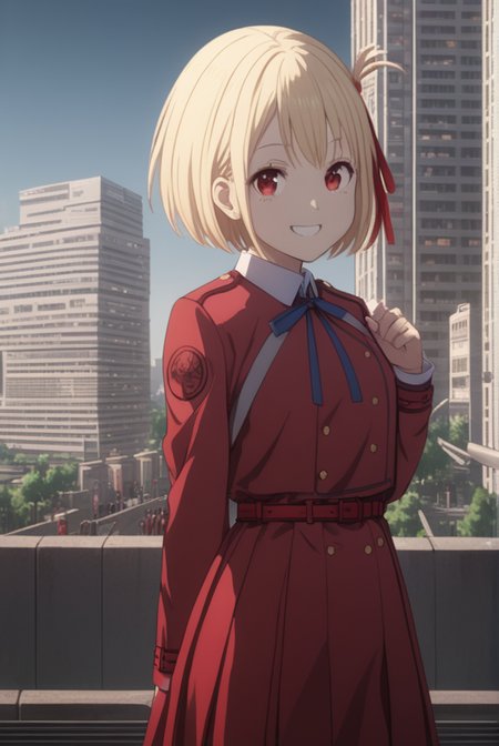 masterpiece, best quality, highres, 4k, 8k, intricate detail, cinematic lighting, amazing quality, amazing shading, soft lighting, Detailed Illustration, anime style,
chisatonishikigi, <lora:chisato-nishikigi-s1-sdxl-lora-nochekaiser:0.75>,
chisato nishikigi, short hair, bangs, blonde hair, red eyes, hair ribbon, one side up, bob cut, smile,
shirt, long sleeves, dress, ribbon, white shirt, collared shirt, belt, neck ribbon, red dress, blue ribbon, pleated dress, grey dress, two-tone dress, red belt, lycoris uniform,
outdoors, cityscape, buildings, crowd,
looking at viewer, full body,