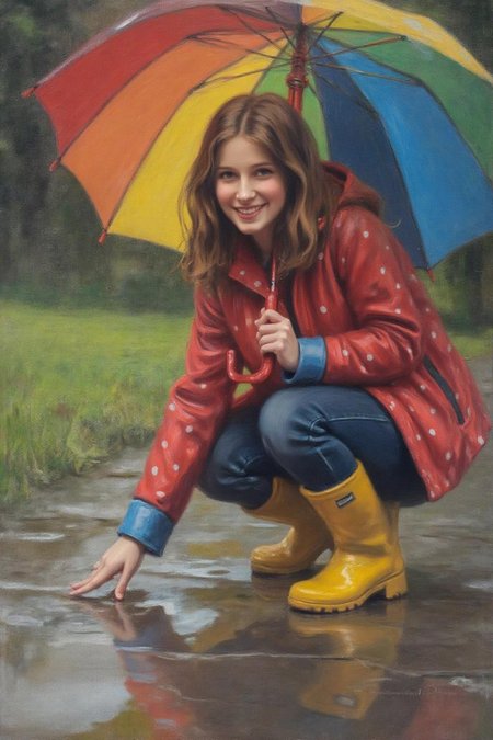 frankowensalisbury1 painting.
A young woman, angled from slightly above and to the right, crouching low to the ground in a puddle. The young woman is wearing bright yellow rubber boots and a red jacket with white polka dots. The jacket sleeves are pushed up to reveal blue cuffs. The young woman also wears dark blue jeans and has a smile on her face as she extends her right index finger to touch the water in the puddle. She holds a large, open umbrella with rainbow-colored panels and a red handle over her.
The ground is wet and paved with grey stones, reflecting the sky and umbrella. The background is slightly blurred, showing hints of green grass and trees. The lighting is overcast and diffused, typical of a rainy day.
 <lora:frankowensalisbury1_cap_d8a4:1.0><lora:863252629285772631:0>
