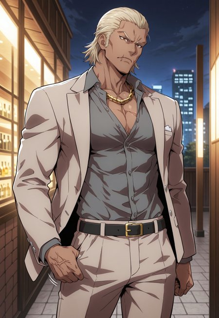 cowboy shot, (solo), 1boy, motion lines, male focus, full-length portrait, standing, 
masculine face, daddy looking face, masculine, wrinkle, Villain, thug, bouncer,
Yakuza, Japanese, blonde hair, medium hair, sideburns, slick back hair, Brown eyes, No beard, Inuyashiki, <lora:Inuyashiki-000005:0.4>, 
Serious expression, 
Light Brown suit, dark grey shirt, suit pants, golden neck chain, elegant man, 
toned body, lean body, slim body,
Dark skin, scar on right side of mouth,
Muscled, narrow waist,
detailed face, detailed body, detailed eyes, perfect anatomy,
masterpiece,best quality,amazing quality,
k0n0hanaya, <lora:-Konohanaya-000017:0.6>,
<lora:cfg_scale_boost:0.2>, <lora:add-detail-xl:0.2>, <lora:NAI_QualityV1.1:0.2>,
Outdoors, night club entrance, shinjuku