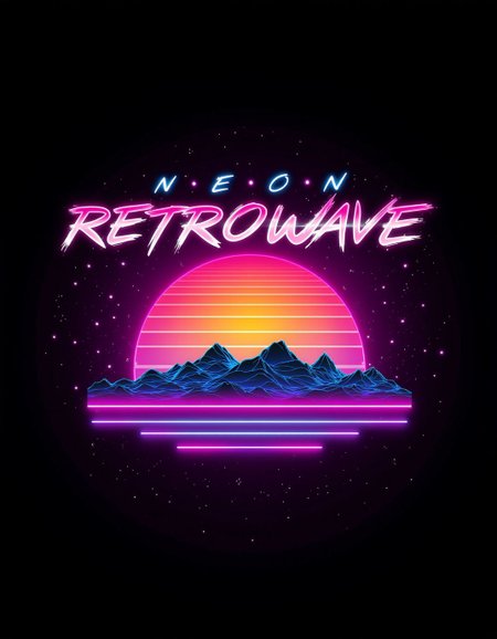 <lora:ck-Neon-Retrowave:1>, ck-nw, in the style of ck-nw, signature logo with text that reads:"(NEON RETROWAVE)", sundown, stary night, dark background
