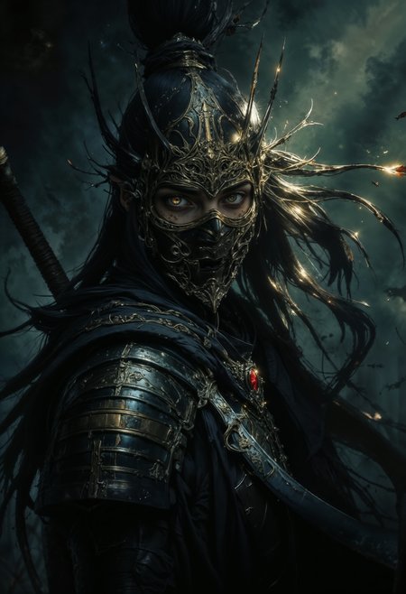 elf princess, warrior, fog-laden forest, large sword, gold chains, emerald eyes, sword glowing, plate armor, autumn leaves, wind. , the dark and moody background adds a dramatic tone, with subtle lighting highlighting metallic surfaces. (maximum ultra high definition image quality and rendering:3), maximum image detail, maximum realistic render, (((ultra realist style))), realist side lighting, , 8K high definition, realist soft lighting, (amazing special effect:3.5). S1n0z1ck style, mythp0rt, samurai